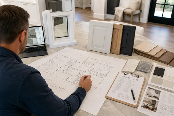 Builder reviewing blueprints and vinyl window samples for a full-house project